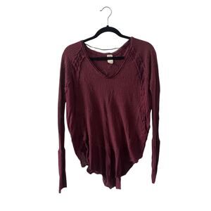 Free People We The Free Oversize Thermal Top Pullover Burgundy Waffle Knit